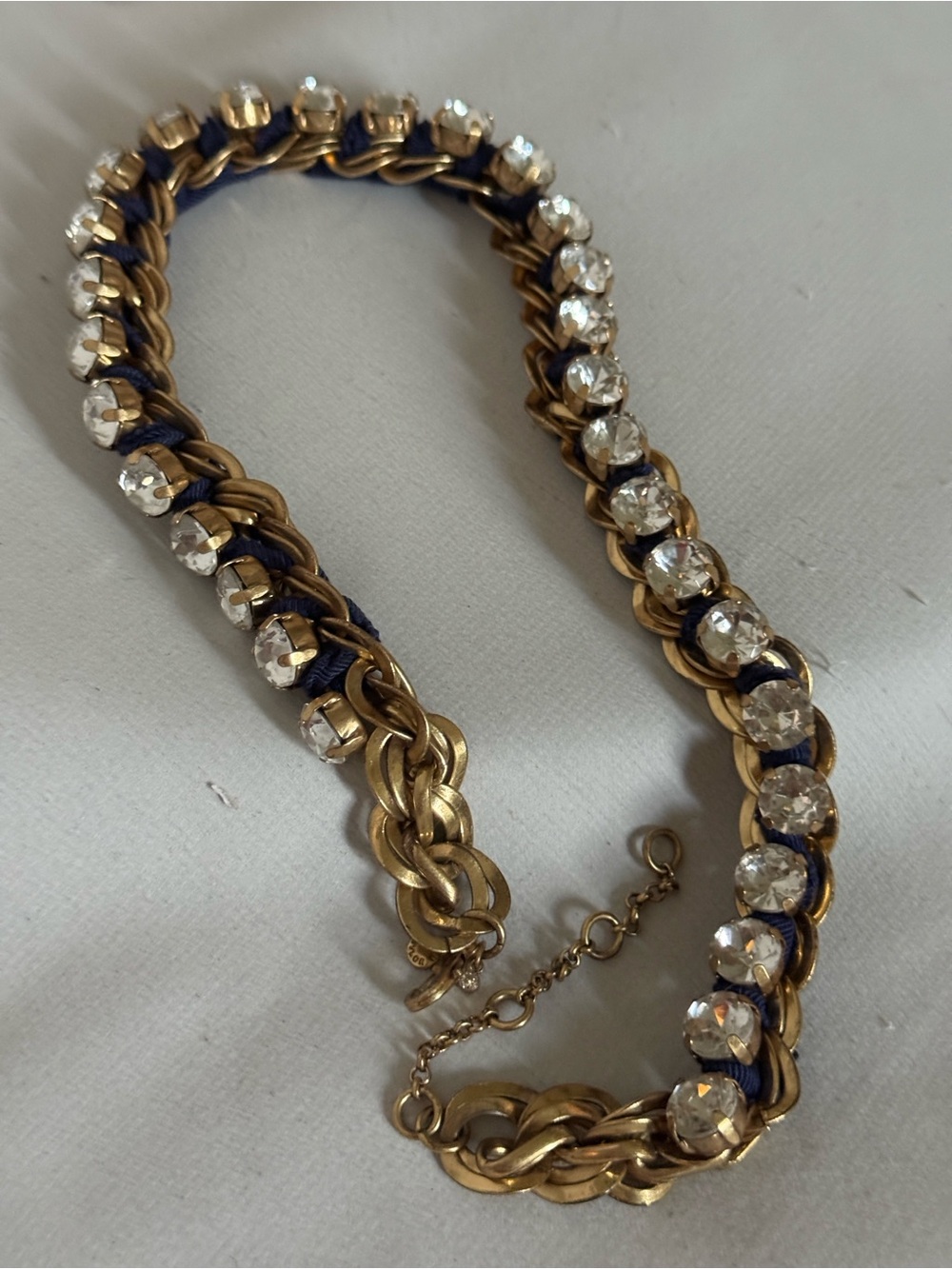Ann Taylor gold tone clear crystal rhinestone woven blue ribbon collar necklace